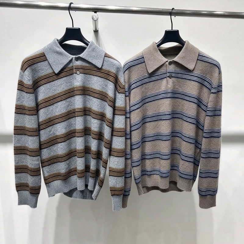 Striped Polo Collar Knitted Sweater Men's 2026 Winter New Style Turn-Down Collar Color-Block Sweater