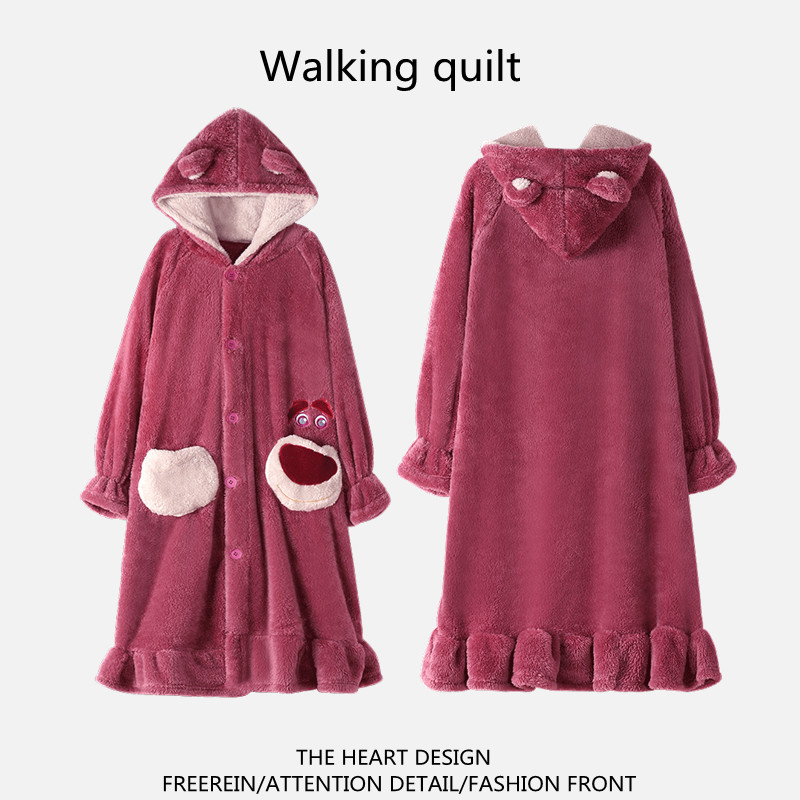 Brand Discounts Foreign Trade Outlet Pajamas Winter Warm Sleeping Robes Cartoon Strawberry Bear Cute Maiden even hat Coral Fleece