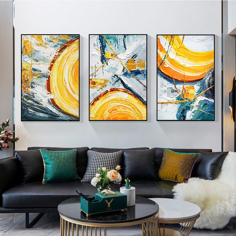 Living Room Decoration Painting Modern Abstract Sofa Background Wall Murals Hallway Xuanguan Hand-painted Oil Painting Gold Wheel Triple Hang Painting