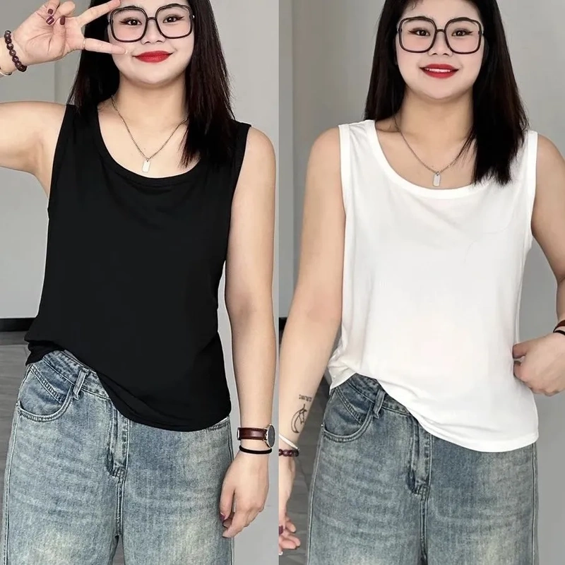 Plus Size Women's Solid Color Camisole That Covers Side Breasts, Suitable for Spring and Summer, Slimming Sleeveless Top for Chubby Women, Loose Fit for Outerwear