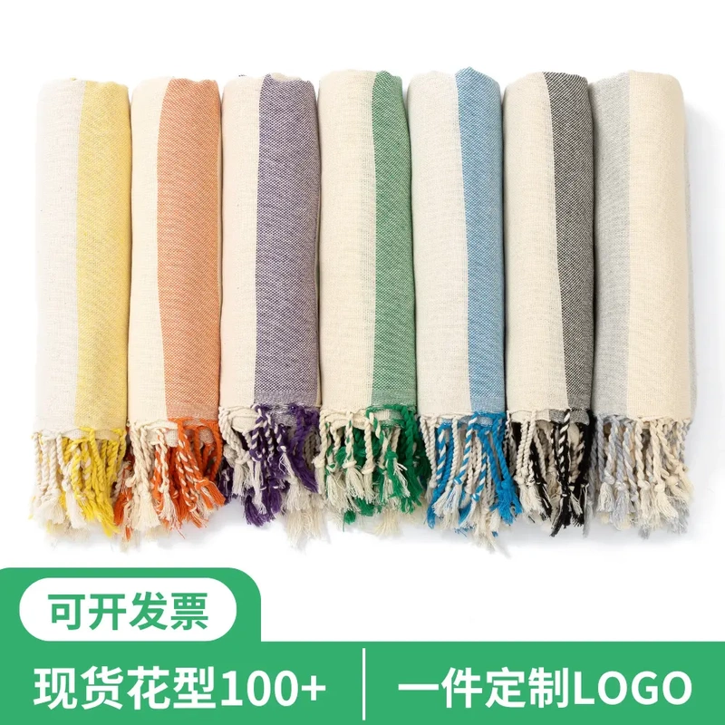 One Piece Embroidered Logo Turkish Towel with Tassels European and American Export Adult Bath Towel Yarn-Dyed Stripesd Beach Towel