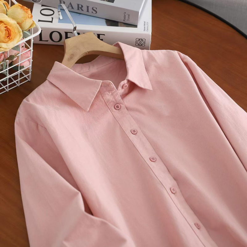 100% Cotton, Brushed Thick Style, Simple Solid Color Turn-Down Collar Shirt for Women, Long-Sleeved, Versatile, Niche Design Brushed Shirt