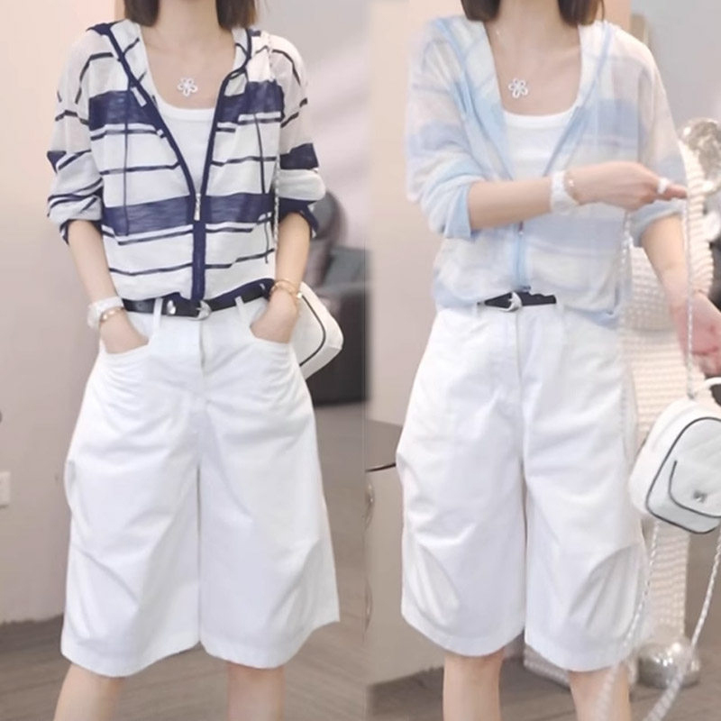 Korean Style Loose and Casual Slimming Hoodie Versatile Striped Hooded Long-Sleeve Sun Protection Shirt Women's Casual Cardigan Top Summer Korean Style Loose and Casual Slimming Hoodie Versatile Striped Hooded Long-Sleeve Sun Protection Shirt Women's Casual Cardigan Top Summer