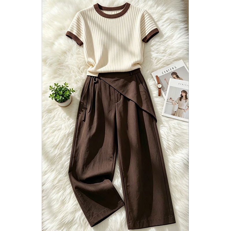 French-Style Fashion Set for Women, New Trendy Color-Block Knit Short-Sleeve T-Shirt with Casual Pants, Women's Two-Piece Set French-Style Fashion Set for Women, New Trendy Color-Block Knit Short-Sleeve T-Shirt with Casual Pants, Women's Two-Piece Set