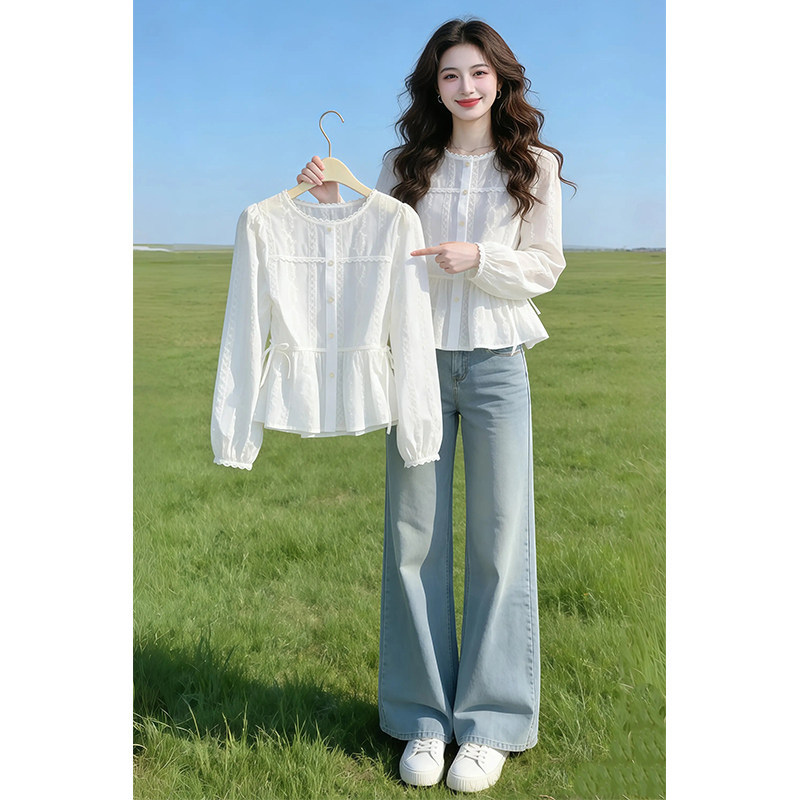 French-Style Gentle Lace-Trimmed White Blouse for Women, Autumn Puff Sleeves, Tie Waist Design, Embroidered Top French-Style Gentle Lace-Trimmed White Blouse for Women, Autumn Puff Sleeves, Tie Waist Design, Embroidered Top
