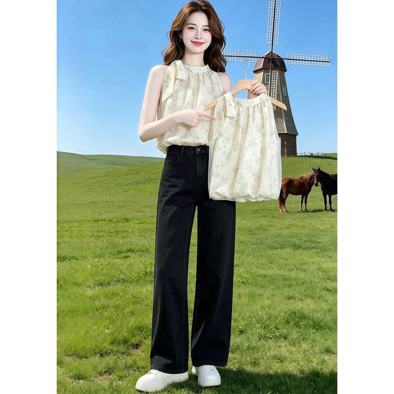 法式碎花无袖背心雪纺衫女2026新款韩版时尚夏季气质露肩挂脖上衣