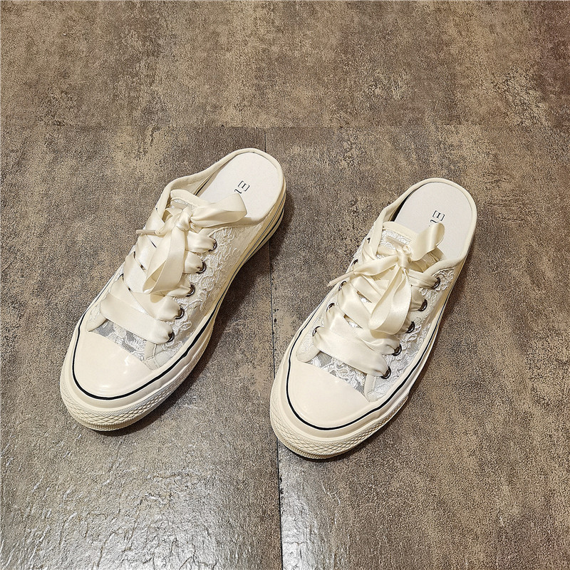 Air sensation ~ Summer breathable Baotou slippers Female outside wearing 2022 new sexy lace sloth half towing little white shoes