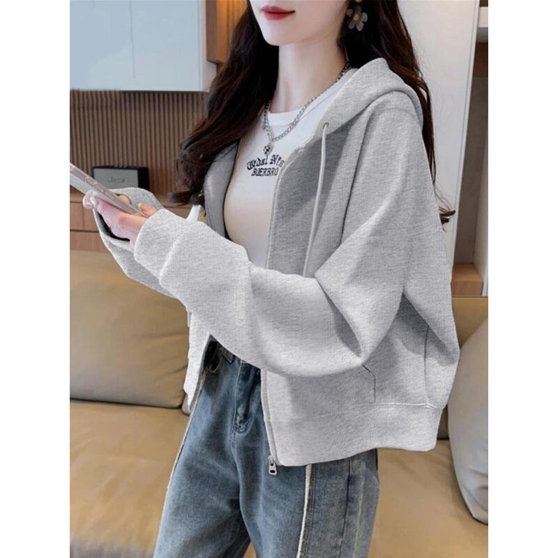 High-End Gray Short Jacket for Women 2026 New Style Ladies Casual Zipper Hooded Cardigan Loose Slimming Sweatshirt