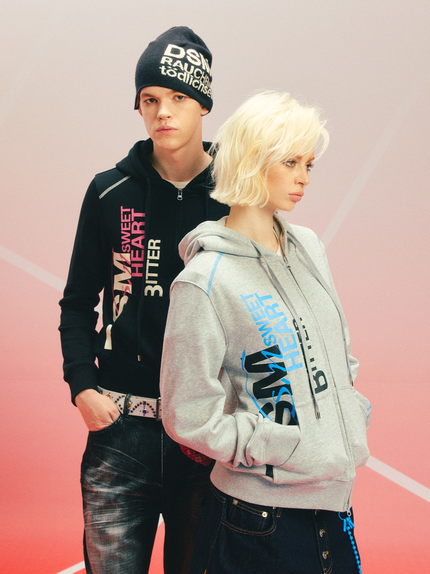 DONSMOKE Contrast Stitch Slogan Zip-Up Hoodie