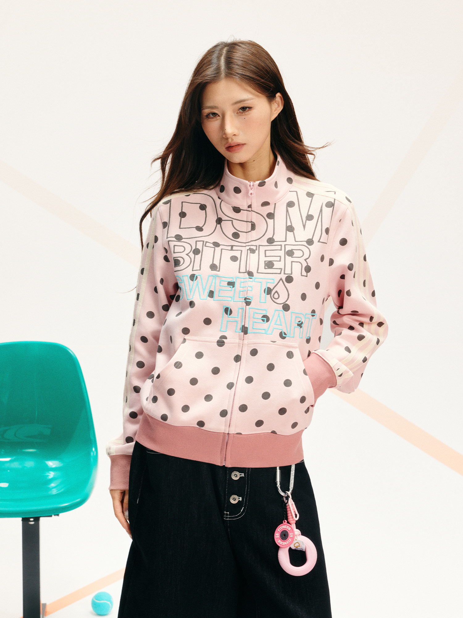 DONSMOKE Polka Dot Zipper Stand Collar Sweatshirt