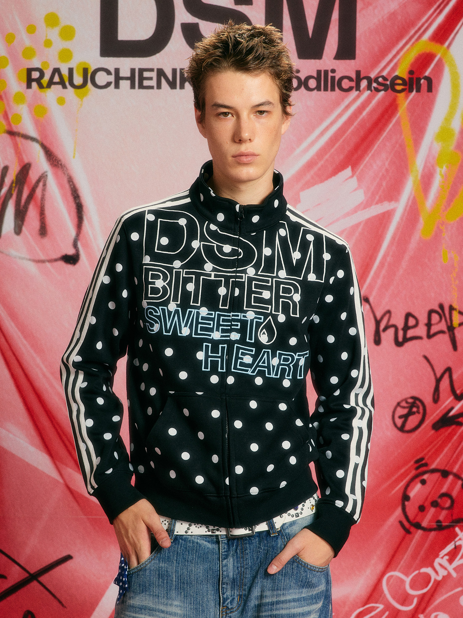 DONSMOKE Polka Dot Zipper Stand Collar Sweatshirt