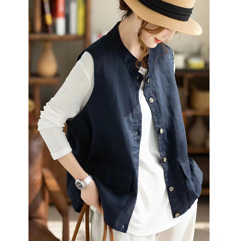 Cotton and Linen Stand-Collar Vest for Women, Summer Retro Workwear Style, Loose Short Vest with Double Pockets, Casual Versatile Jacket