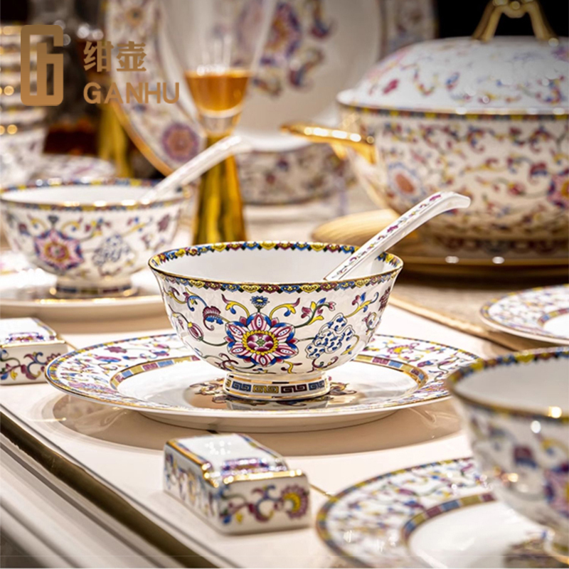 Jingdezhen Bone China Tableware Set, Household Chinese-Style Enamel Luxury High-End Ceramic Light Luxury Bowls and Plates