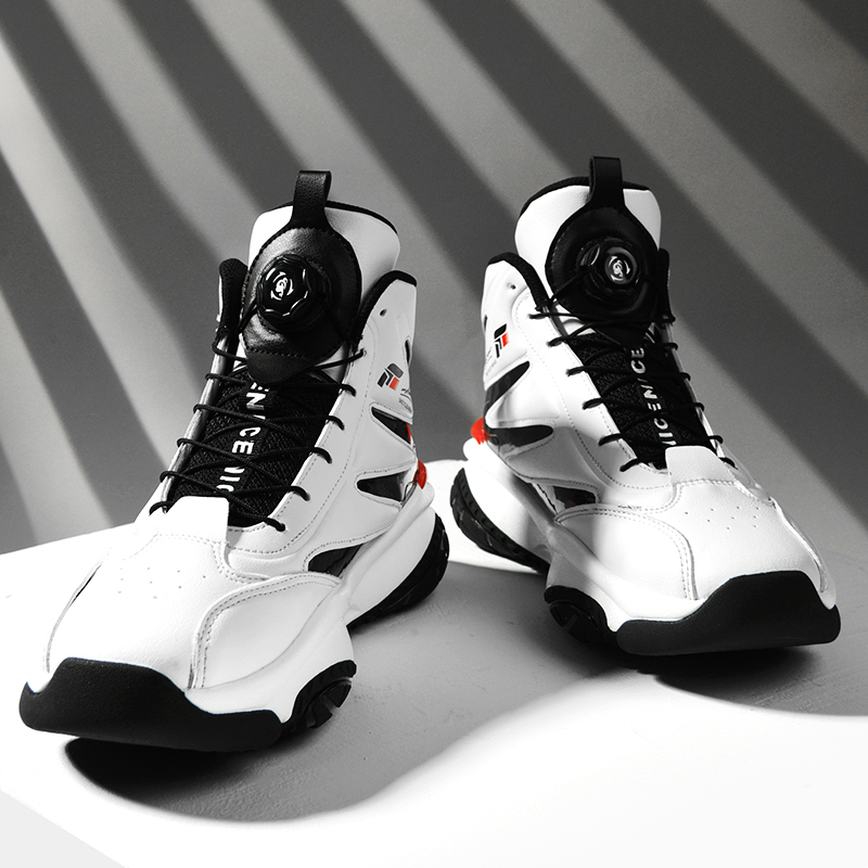 High-Top Men's Shoes with Rotating Buckle, Basketball Sneakers, Autumn and Winter Leather Surface, Waterproof, for Older Children and Students, No Need to Tie Shoelaces, Trendy Shoes