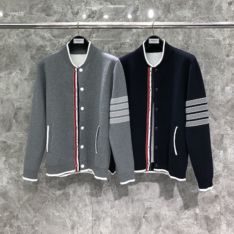 Tb Knit Sweater with Anchor on the Back, Stand-Up Collar, Four-Bar Jacquard Baseball Jacket, Flight Jacket, Striped Sweater Cardigan, Trendy