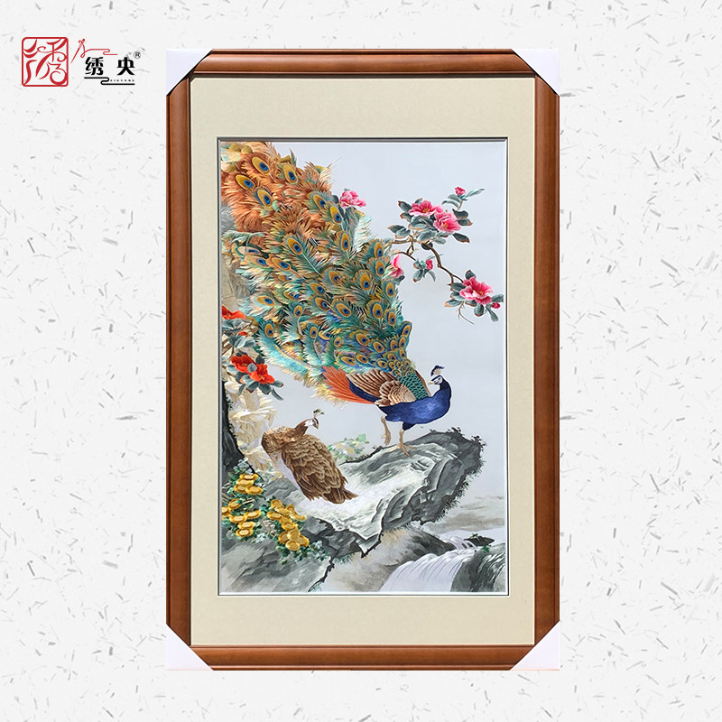 Pure hand-embroidered Suzhou embroidery finished hanging painting large vertical section mulberry silk peacock porch corridor corridor birthday gift