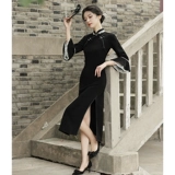 Черное длинное летнее ретро элитное легкое ципао, китайский стиль, изысканный стиль