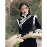 Зимнее ципао, легкий элитный ретро утепленный длинный зимний лонгслив, 2024 года, светлый стиль