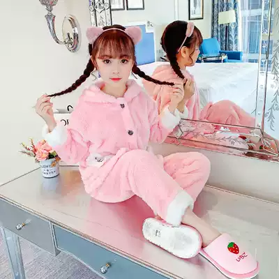 Children's pajamas autumn and winter girls flannel thickened little girl parent-child suit coral velvet