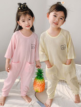 Childrens one-piece pajamas Spring and autumn girls pajamas pure cotton long sleeves anti-cold baby pajamas thin belly protection anti-kick