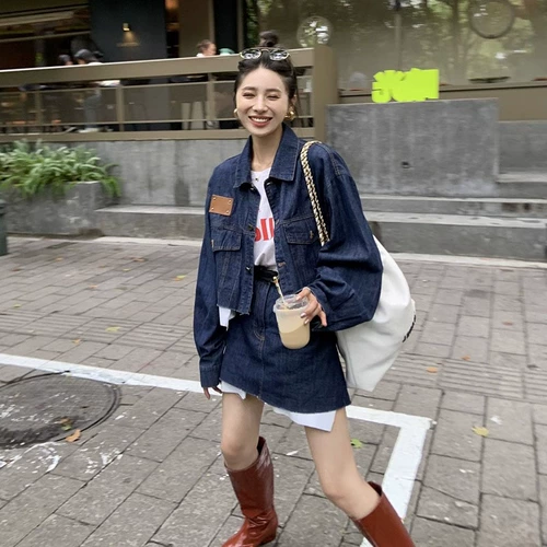 Брендовый осенний джинсовый комплект, в западном стиле, в стиле Шанель, изысканный стиль