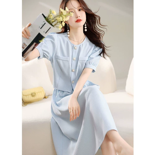 Брендовая короткая рубашка, юбка, комплект, в стиле Шанель, круглый воротник, А-силуэт