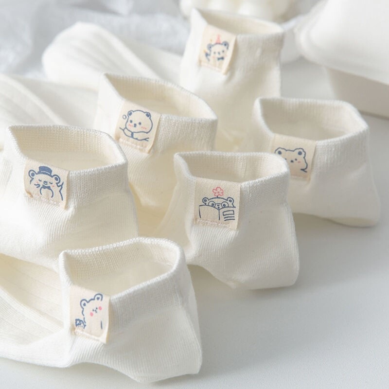 White Bear Socks for Women, Short Socks, Solid Color, Low-Cut Invisible Short Tube Cotton Socks, Thin Spring and Summer Style, Cute Japanese-Style Boat Socks