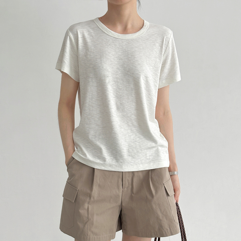 Textured Bamboo Cotton T-Shirt for Women, Korean Style, Minimalist Round Neck, Short-Sleeved, Summer Loose Fit, Short Length, Versatile Solid Color Top for Commuting