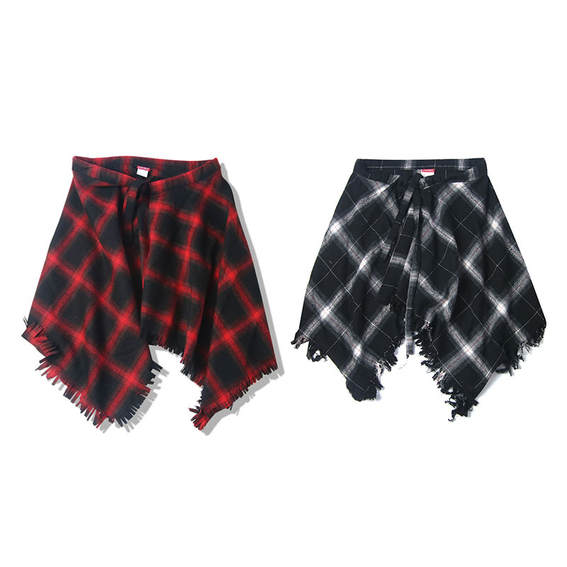 Hip-Hop High Street Fashion Brand Washed and Distressed Plaid Shirt Skirt with Apron Hem and Waist Decoration for Men and Women