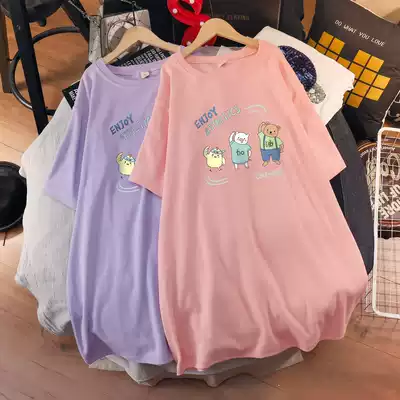 Cotton short sleeve T-shirt women's coat big size fat mm summer dress medium and long version loose Korean version of maternity fashion pink