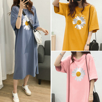 Large size pregnant womens dress does not show belly long skirt short sleeve maternity dress fashion summer T-shirt skirt tide mother