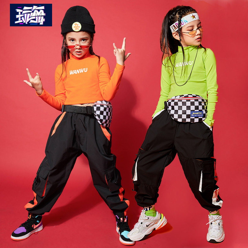 Girls jazz dance clothes girl hiphop catwalk street dance clothing children's navel overalls trousers performance suit tide