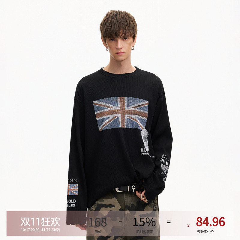 Blaexit American Street Style Distressed Washed Printed Black Base Shirt Men's Spring Long-Sleeve T-Shirt Casual Top