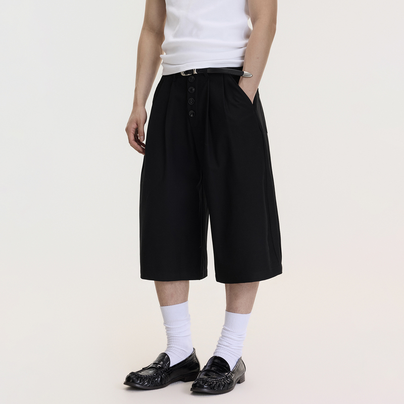 Blaexit Three-Dimensional Pleated Button-Down A-Line Suit Shorts Loose Casual Black Cropped Pants Men's Summer