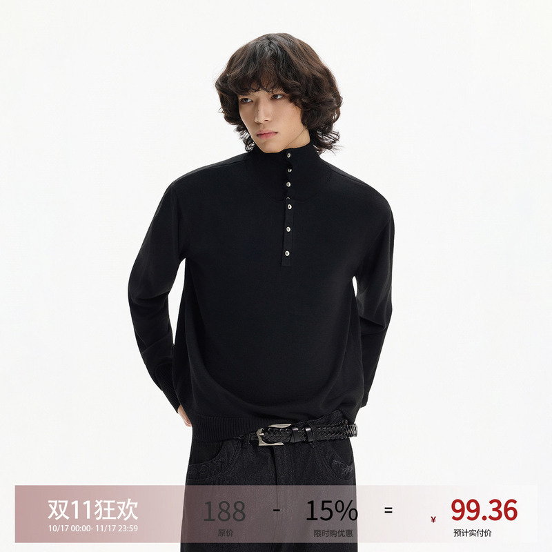 Blaexit Wool Double-Layer Turtleneck Long-Sleeve Base Shirt Sweater for Men, Black Slim-Fit Knit Top