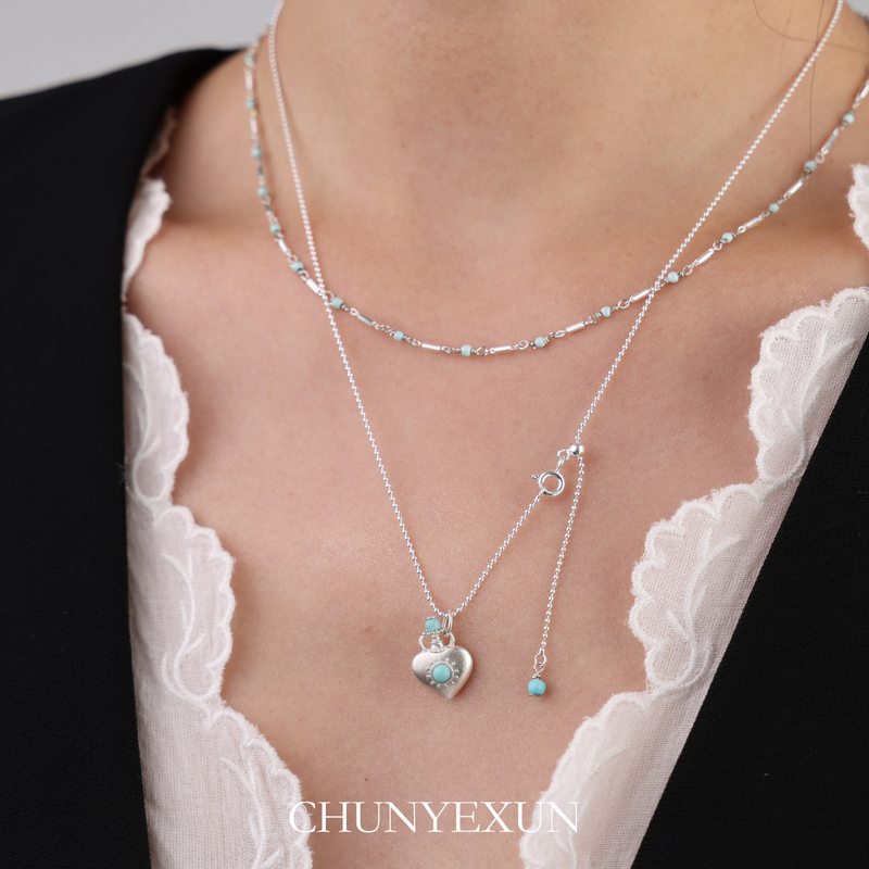 Chunyexu Original Design Natural Turquoise Heart-Shaped Perfume Bottle S925 Silver Clavicle Silver Sweater Necklace Niche