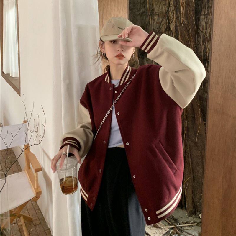 Net red letter embroidery contrast wool coat women's autumn 2020 new Korean version of loose lazy baseball coat