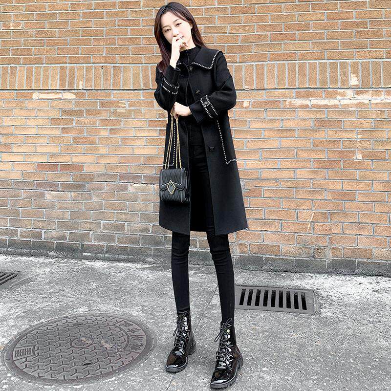 Hepburn Woolen Coat Women's Middle School Long Edition 2020 Fall/Winter New Navy Collar Loose Little Black Woolen Coat