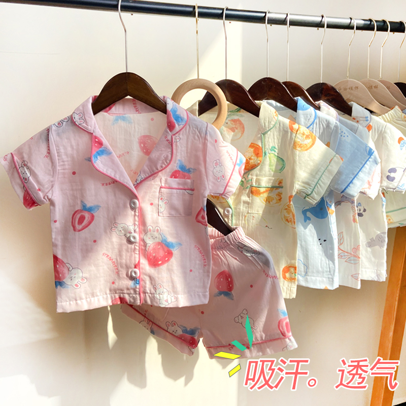 Children's pajamas spring and summer girls short sleeve suit pure cotton gauze air conditioning suit for large children's sweater suit