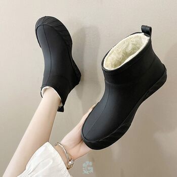 Winter thickened warm rain boots waterproof shoes plus velvet thickened outer wear mid-tube rain boots adult non-slip kitchen men's and women's shoes
