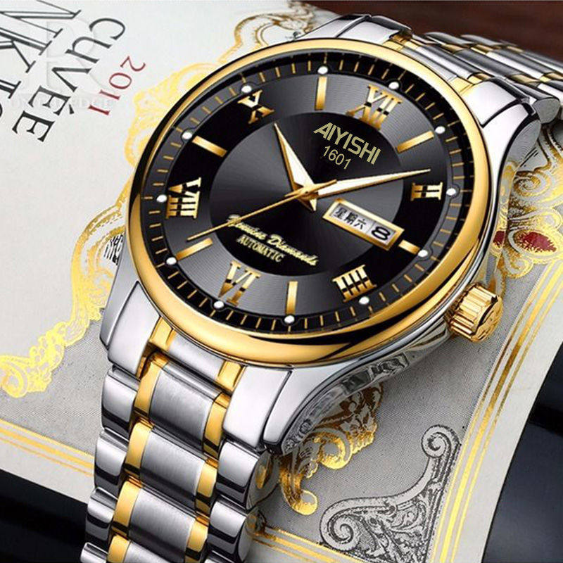 Swiss fully automatic movement watch men's calendar waterproof ultra-thin non-mechanical Korean trend steel watch