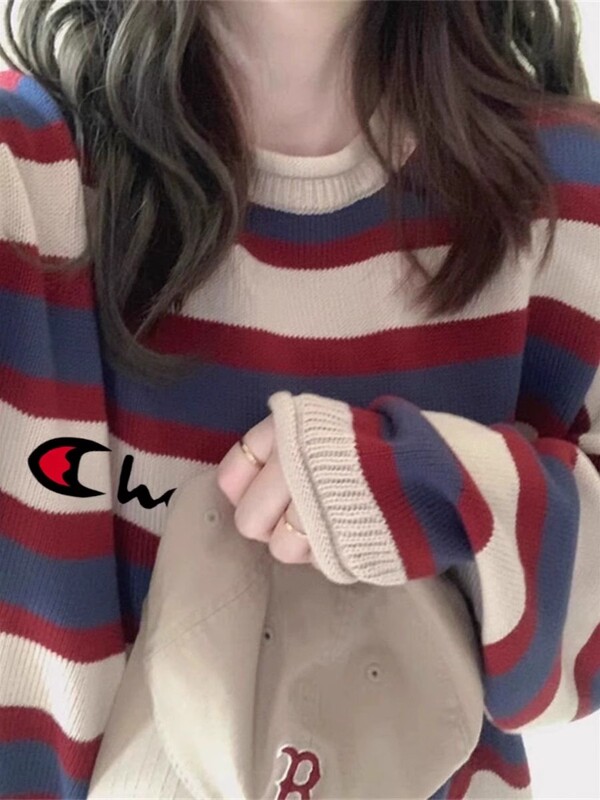 Champion Rainbow Retro Lazy Style Knitted Sweater for Women, Autumn and Winter Design, Unique Loose Round Neck Top Jacket Champion Rainbow Retro Lazy Style Knitted Sweater for Women, Autumn and Winter Design, Unique Loose Round Neck Top Jacket