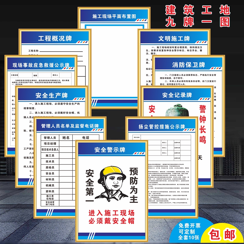 Construction Site Nine-Poster-One-Diagram Information Board, Five-Poster-One-Diagram Signage, Civilized Construction Safety Protection Sign, Overview of Eight Major Staff Positions, Job Responsibilities, Rules and Regulations, Procedures, and Migrant Worker Rights Protection Signage