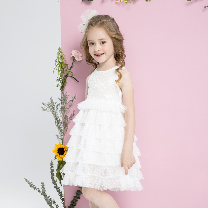 Princess dress girl's summer children's fluffy online dress rehearsal for little girl's summer cake skirt white dress