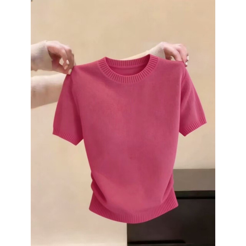 European Luxury Women's Clothing, Rose Pink Round Neck Short-Sleeved Knitwear, Spring and Summer New Style, High-End and Beautiful Shoulder-Length Sweater
