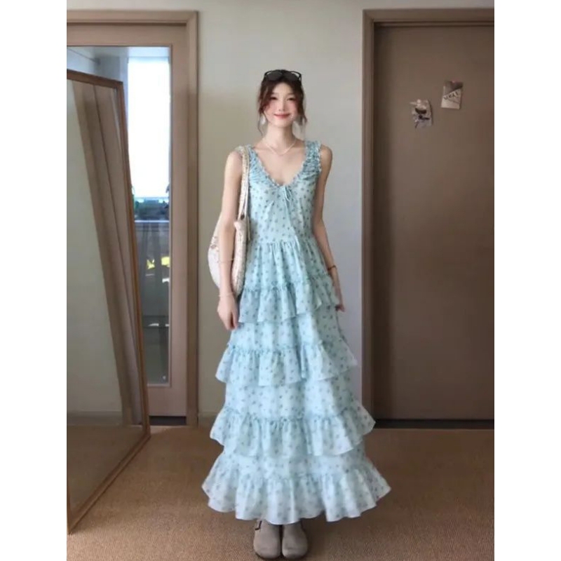 Summer Seaside Resort Style Blue Floral Sleeveless Dress, Chic and Beautiful, Waist-Cinching, Slimming, Long Tiered Dress