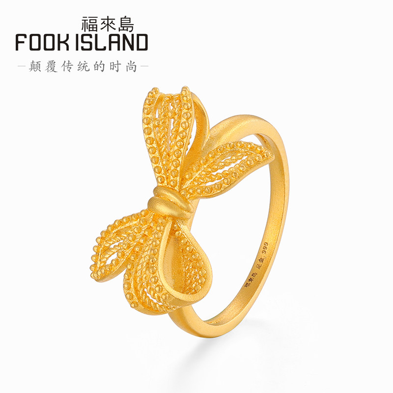 Fulai Island gold ring love style bow ring ancient gold 999 pure gold fashion new female jewelry