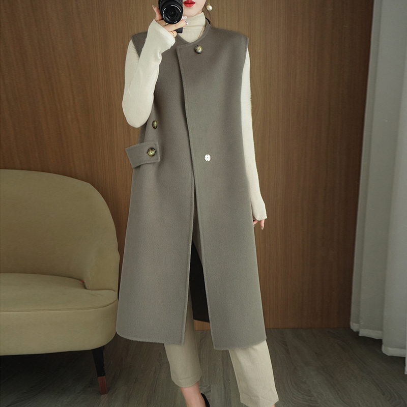 Spring and Autumn Women's 100% Wool Coat, Mid-Length Round Neck Jacket, Sleeveless Vest, Loose Double-Sided Fleece Woolen Trench Coat