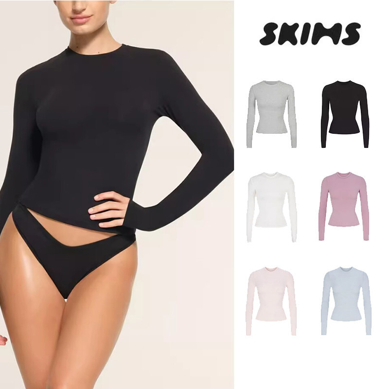 [Domestic Stock] Skims Long-Sleeve Kardashian Cotton Jersey Shapewear Cotton Top Slim-Fit T-Shirt