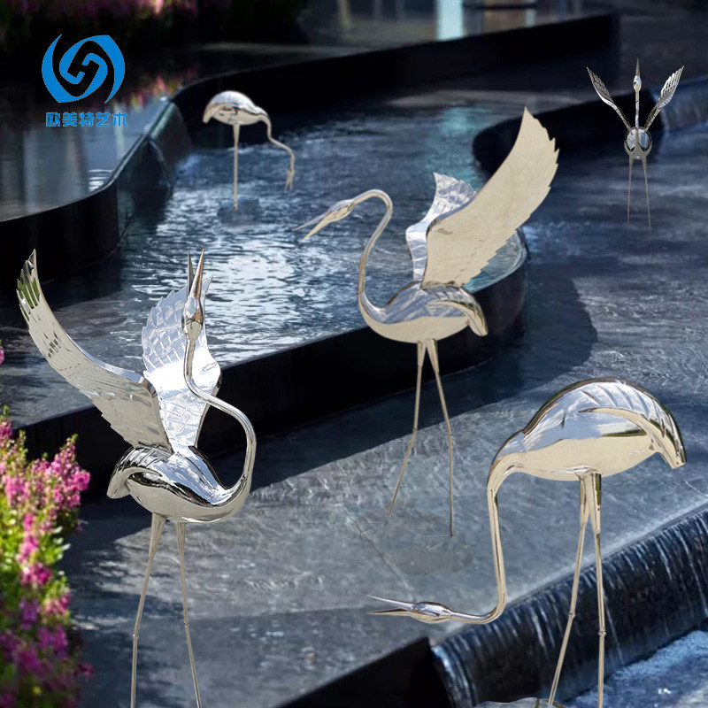 Stainless Steel Fairy Crane Thermal Bird Sculpture Bagui Garden Pool Landscape Emulation Landscaped Landscaped Landscape Animal Mood Swings